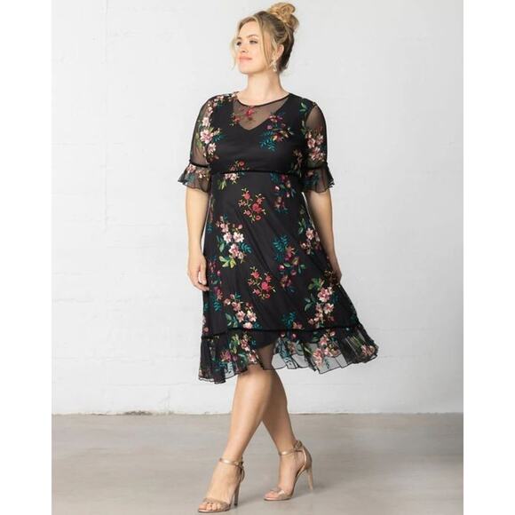 Kiyonna Dress Wildflower Style 4X Embroidered Flowers Velvet Trim Black Feminine - Picture 4 of 11
